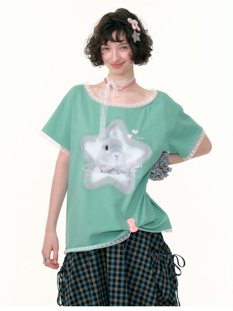 Lace edge large round neck loose short sleeve t-shirt【s0000013373】