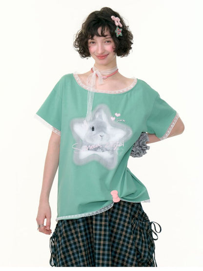 Lace edge large round neck loose short sleeve t-shirt【s0000013373】
