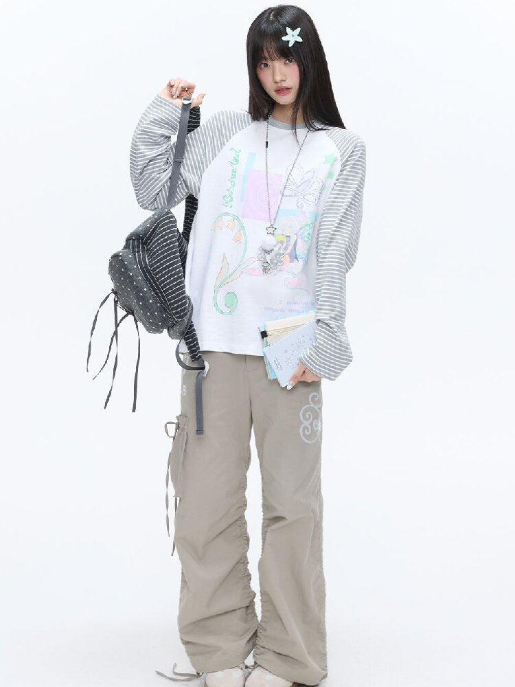 Loose Print Striped Raglan Top【s0000016378】