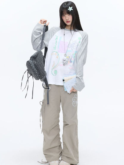 Loose Print Striped Raglan Top【s0000016378】