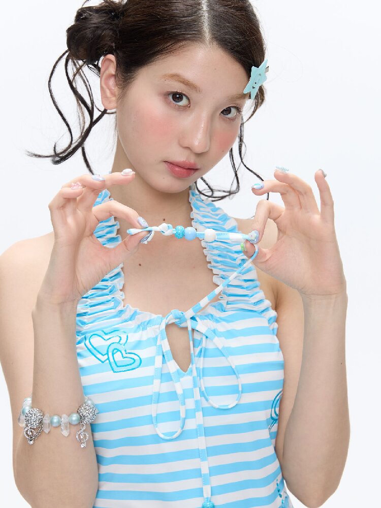 Blue Striped Halterneck Swimsuit【s0000016396】