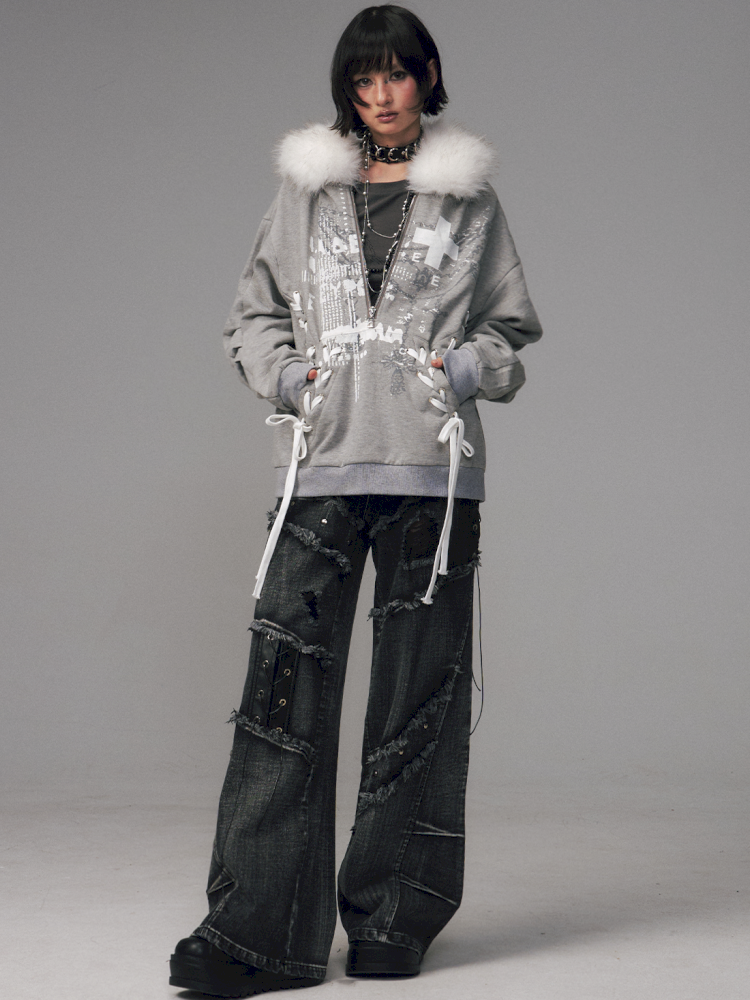 Tie-Front Printed Half-Zip Hoodie【s0000014452】