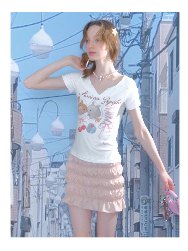 V-neck Rabbit Print Slim Thin Tops【s0000012252】