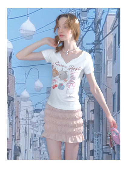 V-neck Rabbit Print Slim Thin Tops【s0000012252】