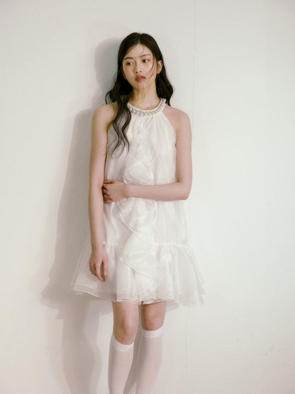 Bow Pearl Neckline Pom Pom Dress【s0000013243】