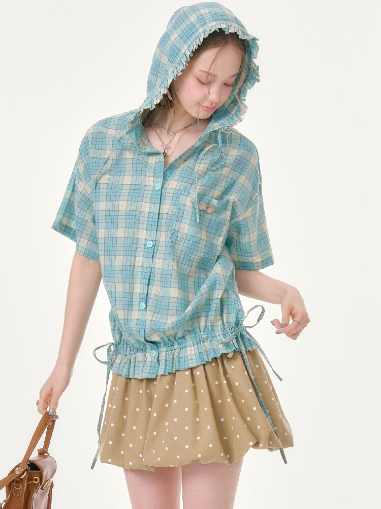 Ruffle Hem Hooded Plaid Shirt【s0000016619】
