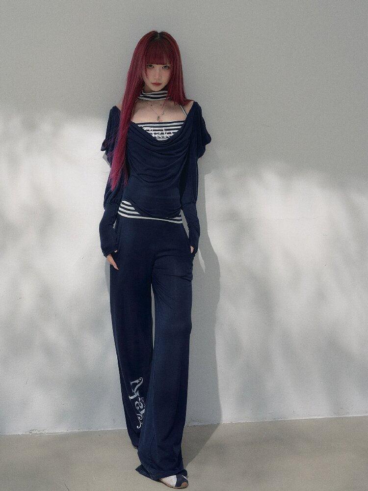Navy Blue Wool Patchwork Pants【s0000019258】