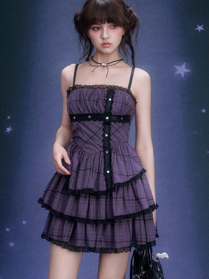 Purple Plaid Bandeau Cake Dress【s0000015757】