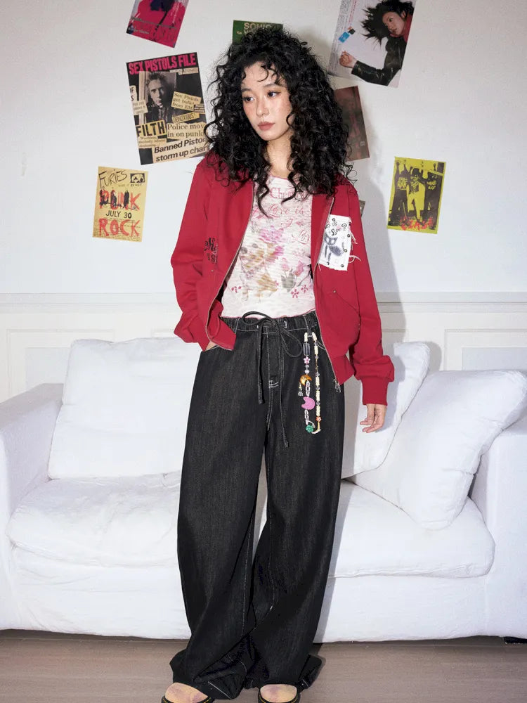 Washed elastic-waist wide-leg long jeans【s0000013990】