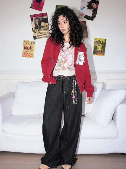 Washed elastic-waist wide-leg long jeans【s0000013990】
