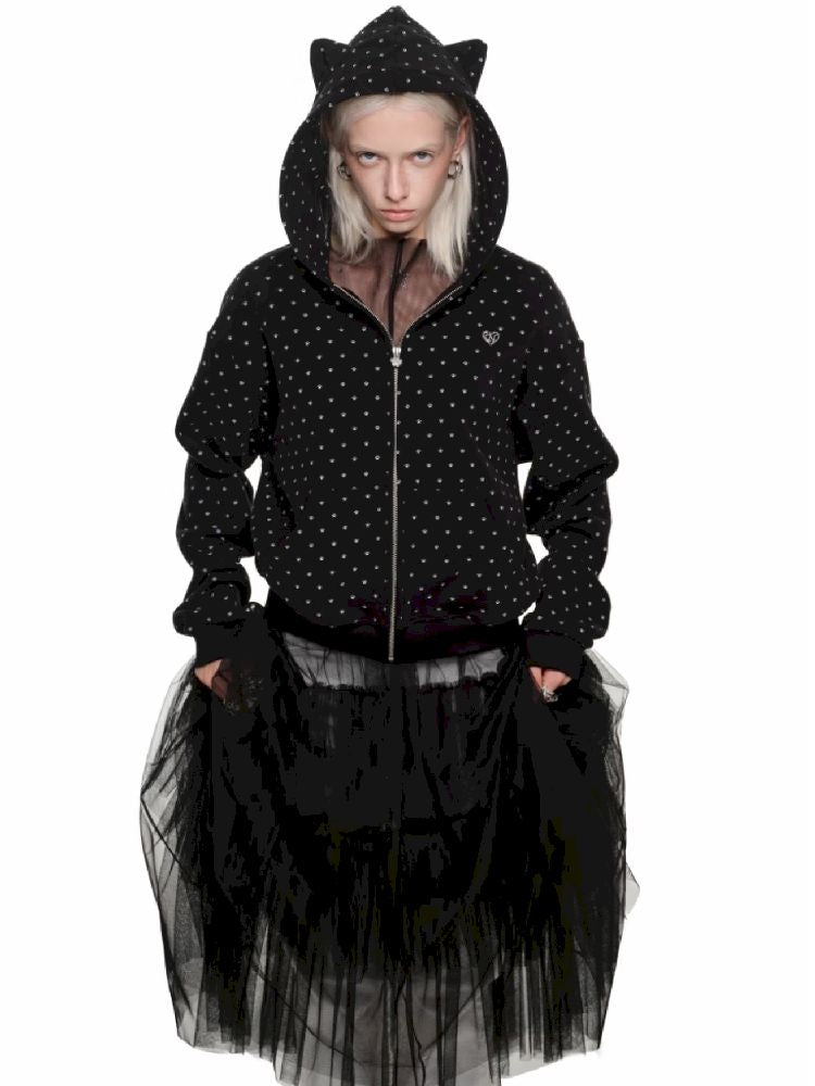Cat's Paw Long Short Polka Dot Hooded Cardigan Sweatshirt Sweatpants Set【s0000011566】