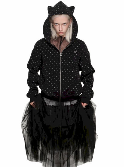 Cat's Paw Long Short Polka Dot Hooded Cardigan Sweatshirt Sweatpants Set【s0000011566】