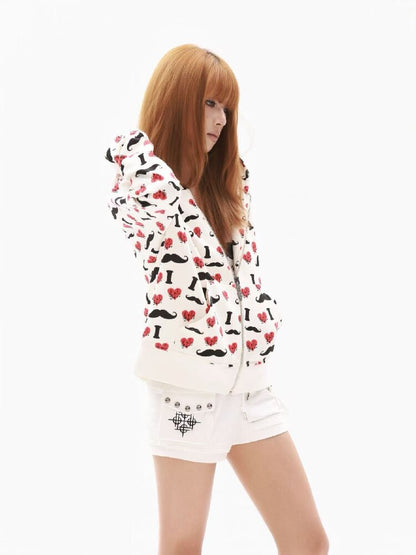 Heart Print Wide Zip Hoodie Jacket【s0000018354】