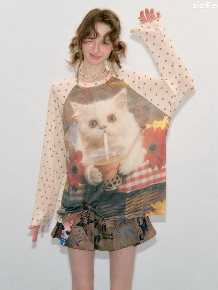 Raglan Cat Print Long Sleeve Top【s0000017886】