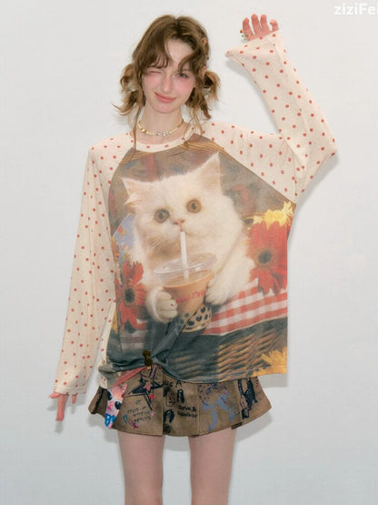 Raglan Cat Print Long Sleeve Top【s0000017886】