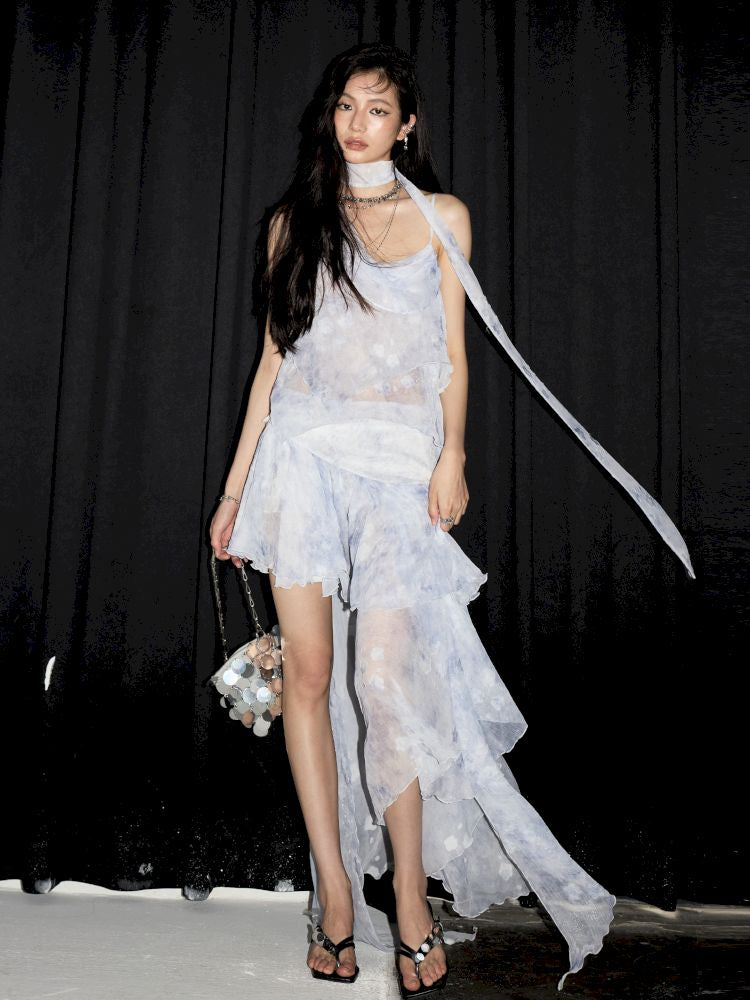 Aqua Blue Irregular Halter Dress【s0000013211】