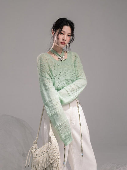 Openwork Woolen Halterneck Set【s0000015746】