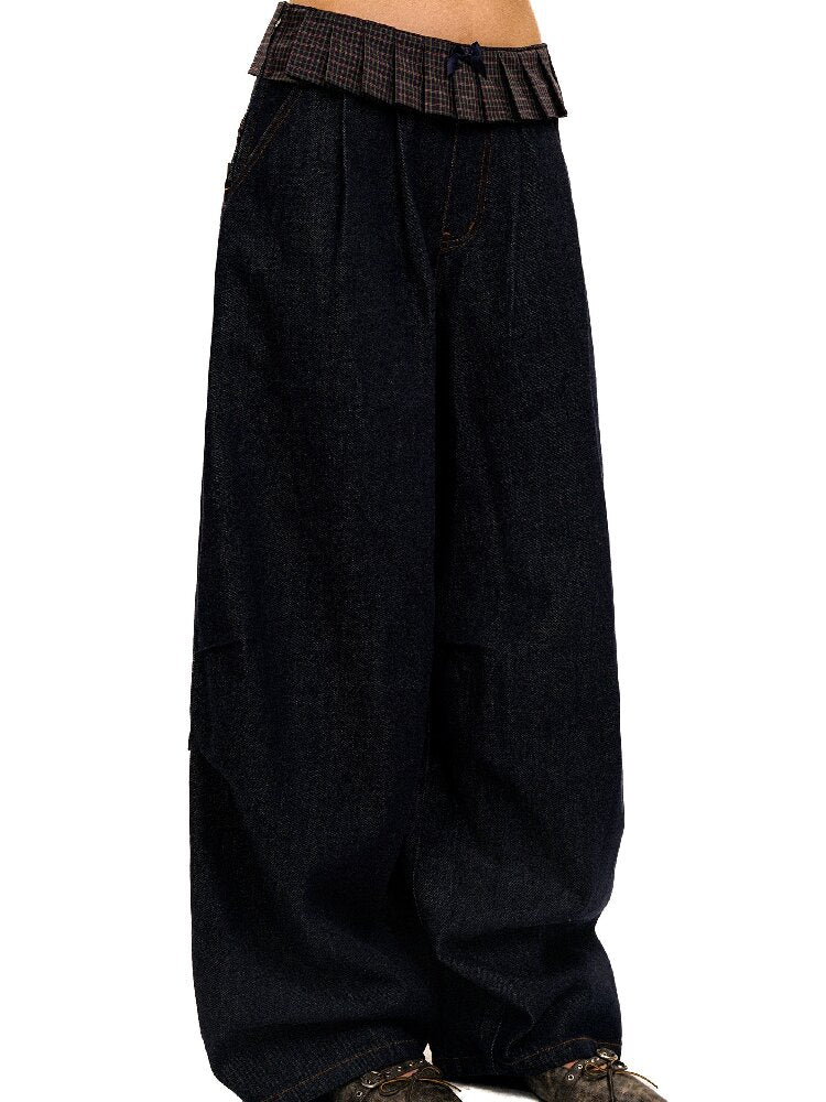 Pleated Plaid Straight Leg Jeans【s0000017912】