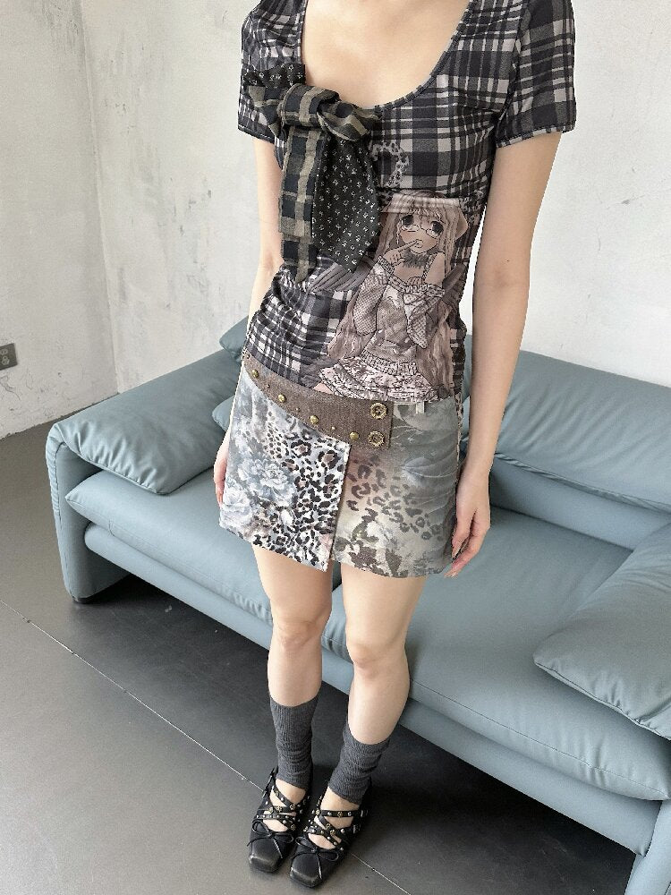 Patchwork Bow Cartoon Check T-Shirt【s0000018082】