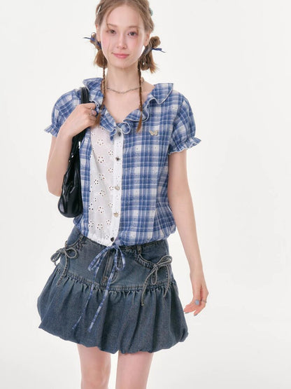 Plaid Splicing Hollow Shirt【s0000016618】
