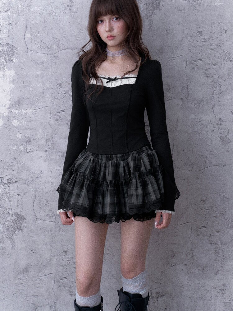 Gray-Black Plaid Puff Mini Skirt【s0000017865】