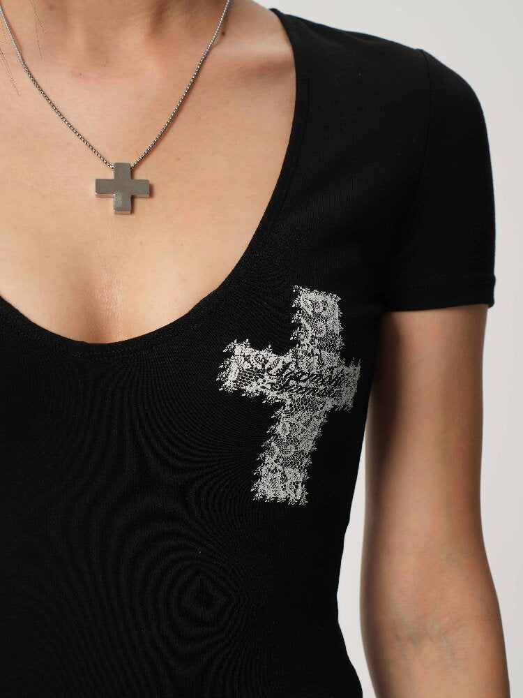 Lace Cross Print V-Neck Dress【s0000017469】