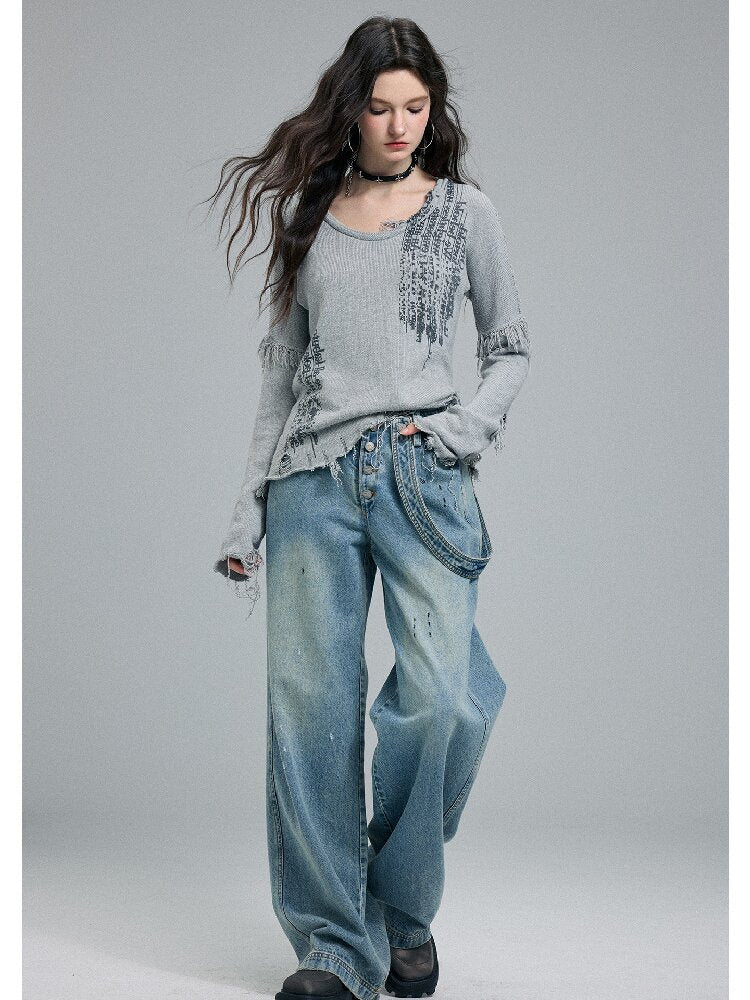 Washed Scratch Wide-Leg Jeans【s0000016255】