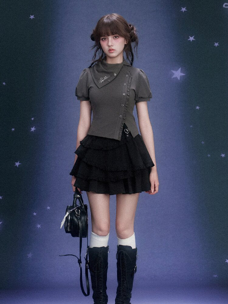 Diagonal Placket Stacked T-shirt【s0000015762】