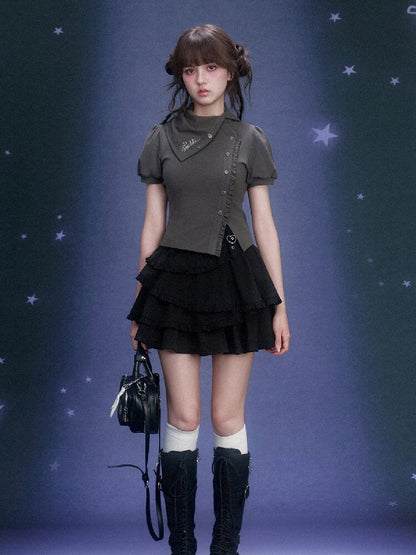 Diagonal Placket Stacked T-shirt【s0000015762】