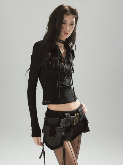 Black Irregular Leather Shorts【s0000015607】