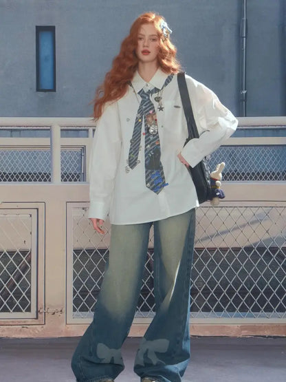 Loose tie print white long sleeve shirt【s0000014350】