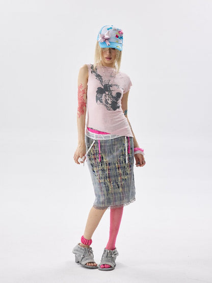 High Stretch Frayed Rhinestone T Shirt【s0000017643】