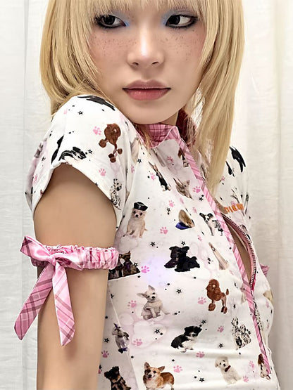 Dog Print Zipper Polo Shirt【s0000013874】