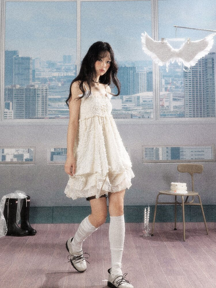 Shirred Lace White Texture Dress【s0000016278】