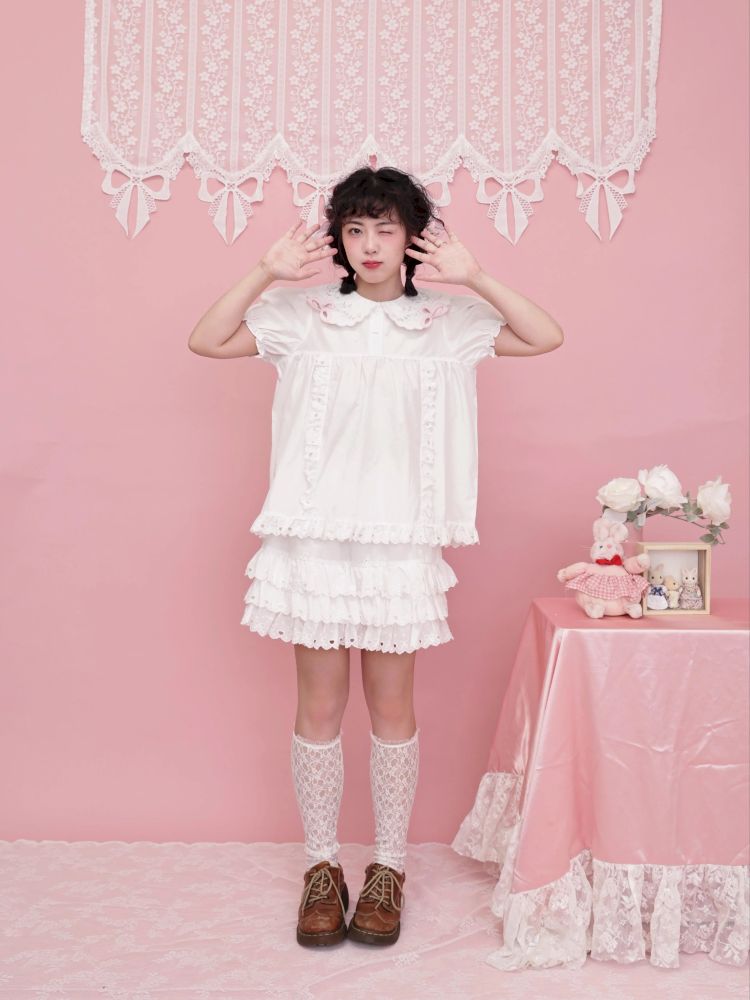 Doll collar puff sleeve lace shirt【s0000012852】