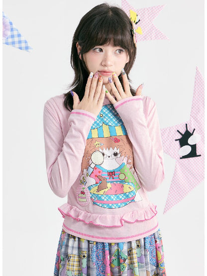 Pink Illustration Lace Long Sleeve T-Shirt【s0000018373】