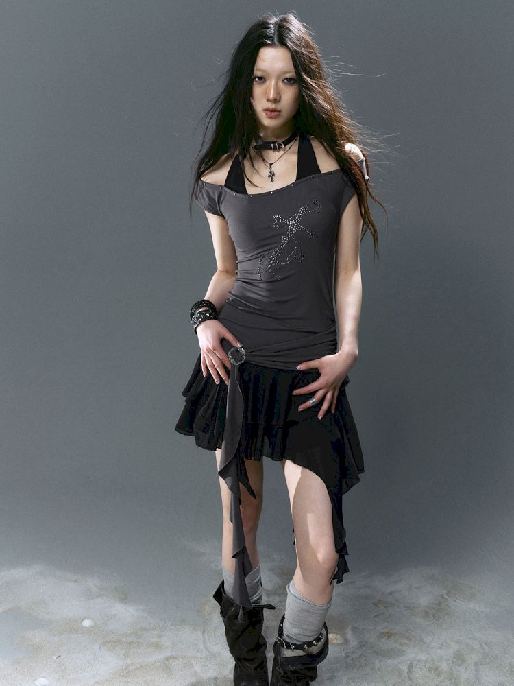 Chiffon ruffle patchwork off-the-shoulder dress【s0000012801】