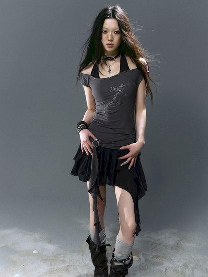 Chiffon ruffle patchwork off-the-shoulder dress【s0000012801】