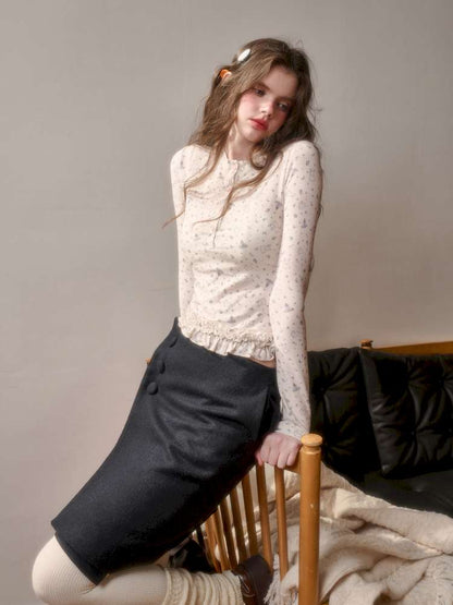 Comfortable Cotton Crew Neck Slim Lace Hem Top【s0000014895】