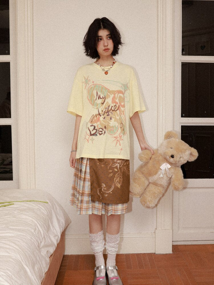 Plaid Flower Pleated Spliced Skirt【s0000015465】