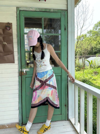 Colorful printed lace trim tank top【s0000012772】