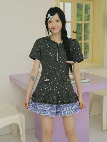 Silver Foil Raindrop Navy Neck Top【s0000018703】