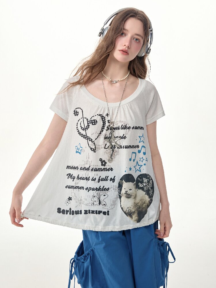 Summer Cat Print Short Sleeve T Shirt【s0000017255】