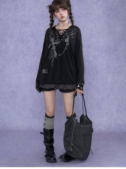 Dark Cross Print Strap Cardigan Hood【s0000017284】