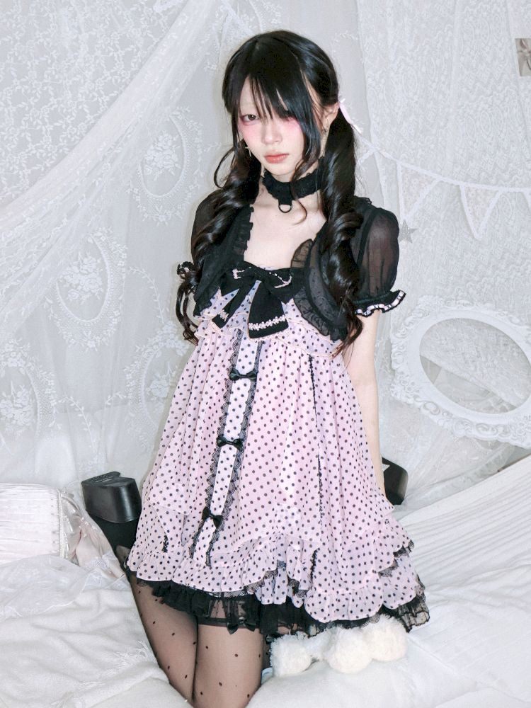 Polka dot strapless dress/chiffon bow jacket【s0000012689】