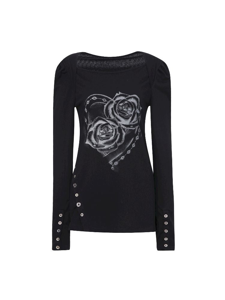 Bubble Sleeve Square Neck Printed Long Sleeve Tee【s0000011840】