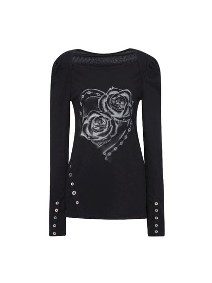 Bubble Sleeve Square Neck Printed Long Sleeve Tee【s0000011840】