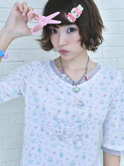 Floral V-Neck Mid-Sleeve Tee【s0000017133】