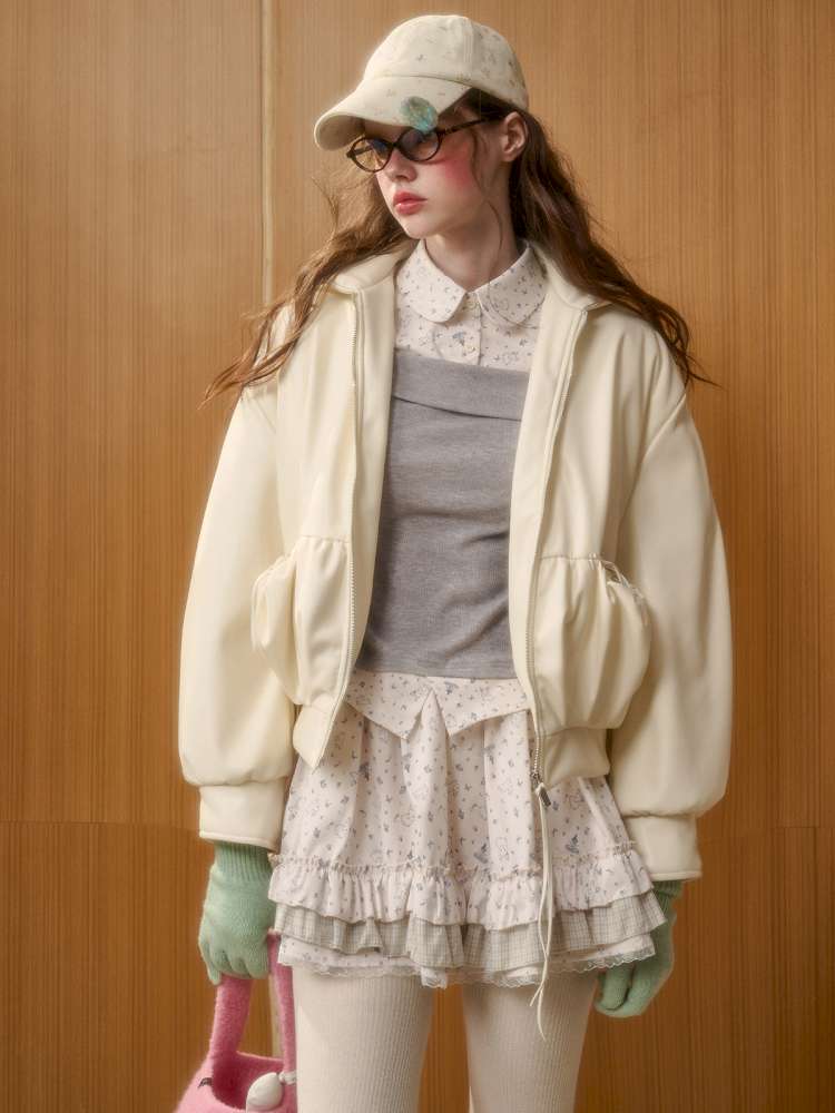 Cream Leather Doll Collar Leather Jacket【s0000014885】