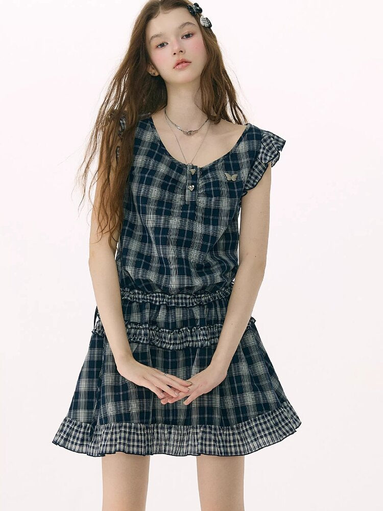 Spliced Plaid Flying Sleeve Dress【s0000016844】